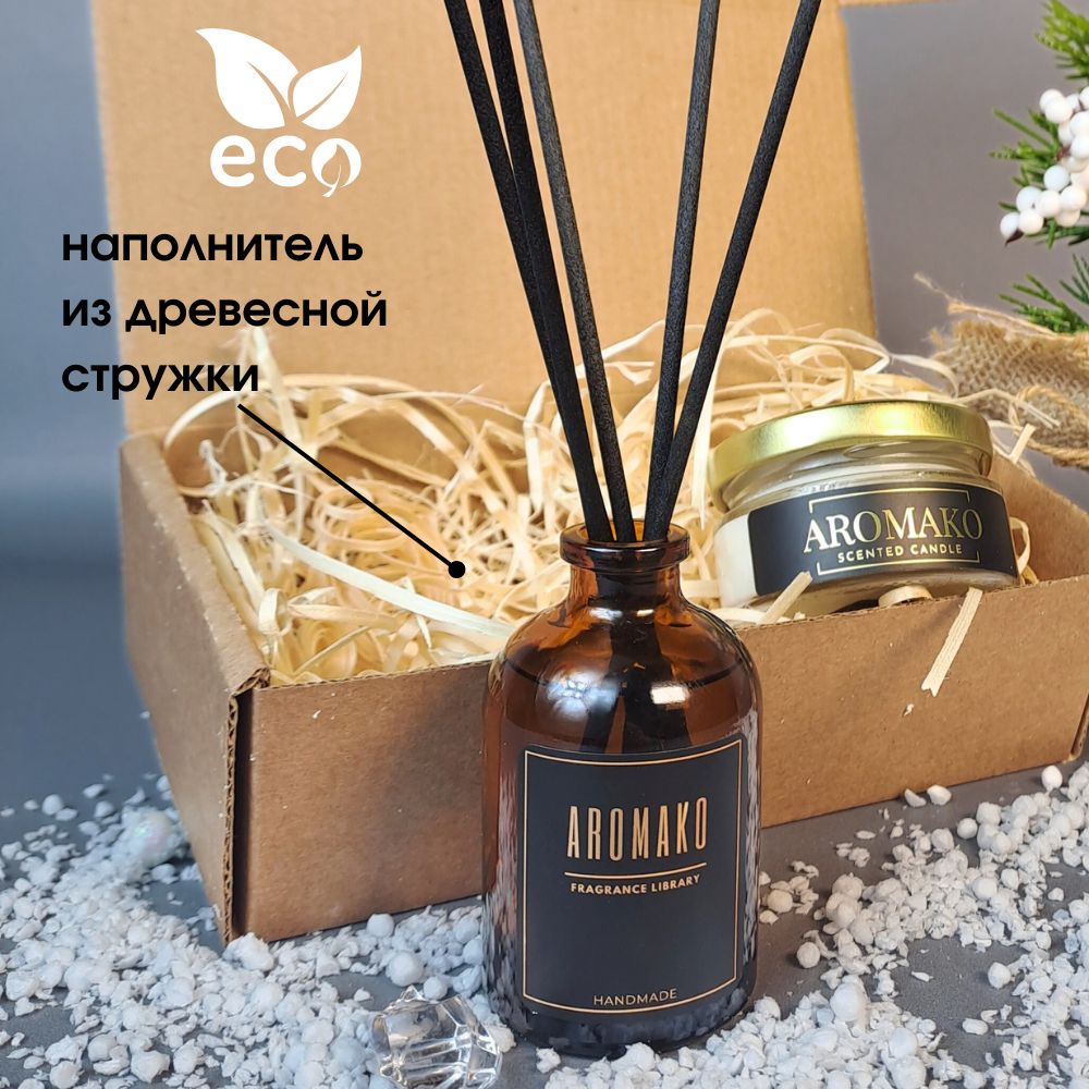 Подарочный набор AromaKo «Ёлка и мандарин + Булочка с корицей», диффузор + свеча