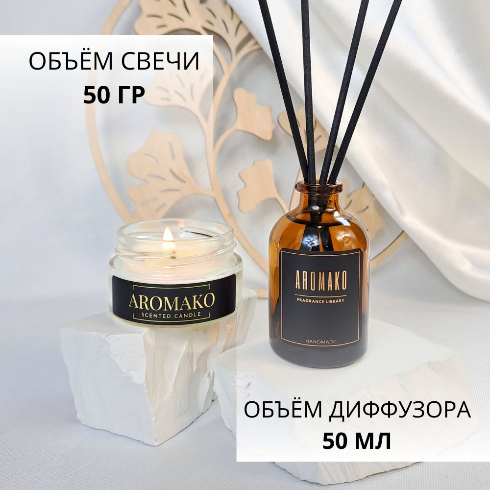 Подарочный набор AromaKo «Табак и ваниль + Пудра и шёлк», диффузор + свеча