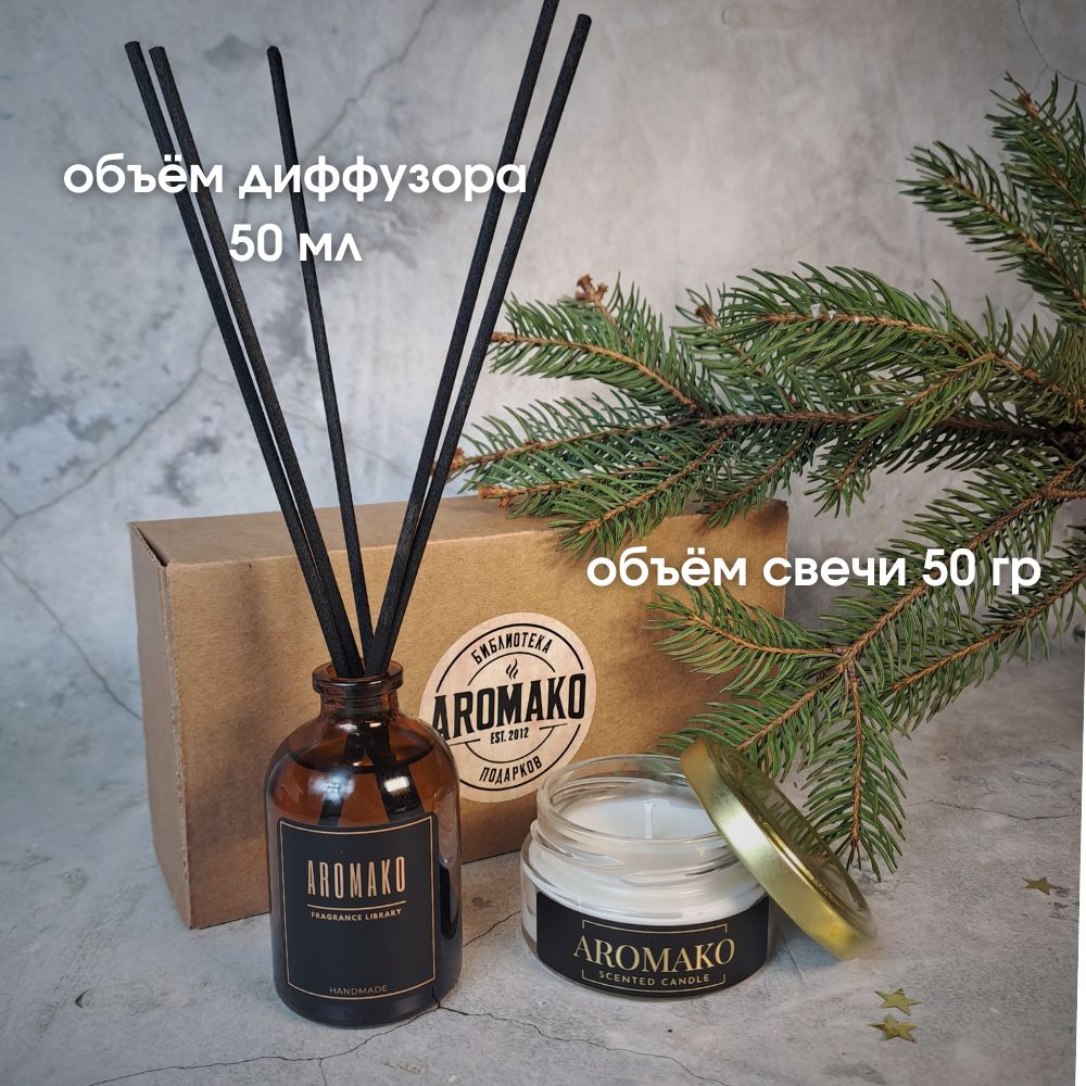 Подарочный набор AromaKo «Ёлка и мандарин + Булочка с корицей», диффузор + свеча